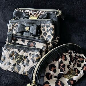 Betsy Johnson-Leopard Print Cosmetic Pouch Set with Black Trim